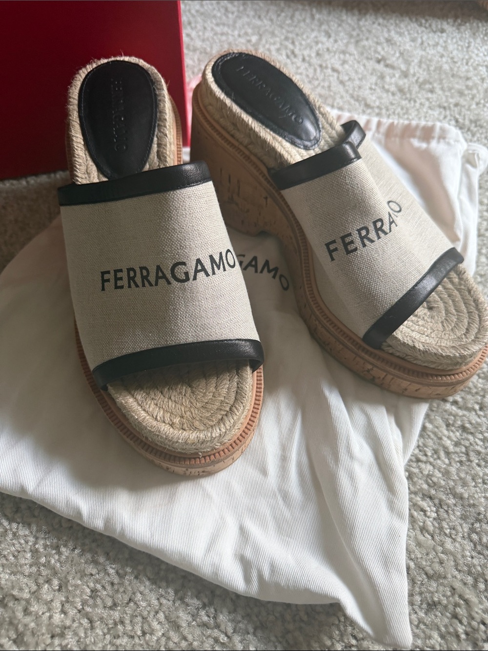 Salvatore Ferragamo Beige and Black Canvas Espadrille Wedge Slides